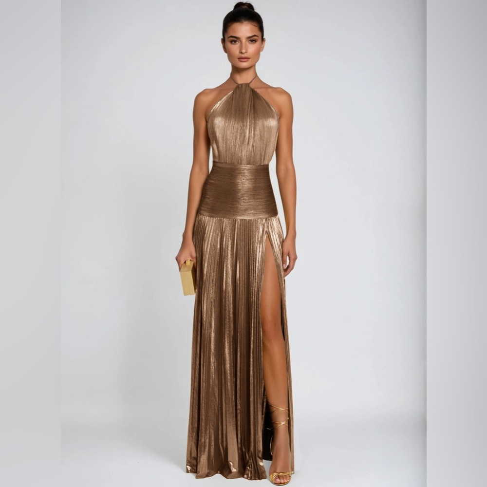 Split Pleated Metallic Maxi Dress In Antique Gold